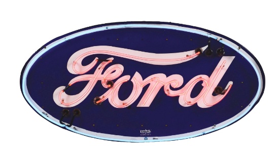 OUTSTANDING FORD AUTOMOBILES PORCELAIN NEON SIGN W/ FORD SCRIPT.