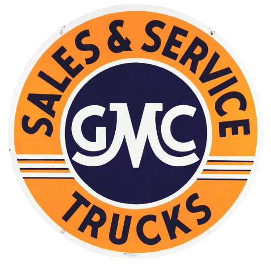 OUTSTANDING GMC TRUCKS SALES & SERVICE PORCELAIN DEALERSHIP SIGN.