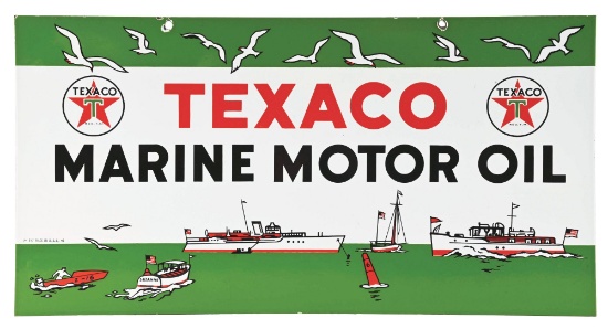 N.O.S. TEXACO MARINE MOTOR OIL PORCELAIN SIGN W/ ICONIC OCEAN SCENE GRAPHIC.