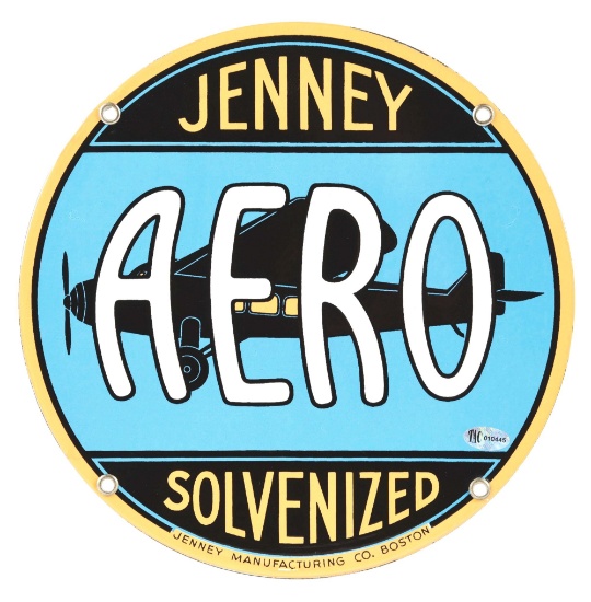 VERY RARE JENNEY AERO SOLVENIZED GASOLINE 9" PORCELAIN PUMP PLATE W/ AIRPLANE GRAPHIC.