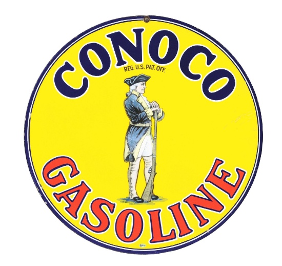 OUTSTANDING CONOCO GASOLINE PORCELAIN SIGN W/ MINUTEMAN GRAPHIC.