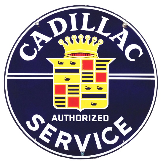 CADILLAC AUTHORIZED SERVICE PORCELAIN SIGN W/ CROWN CREST GRAPHIC.