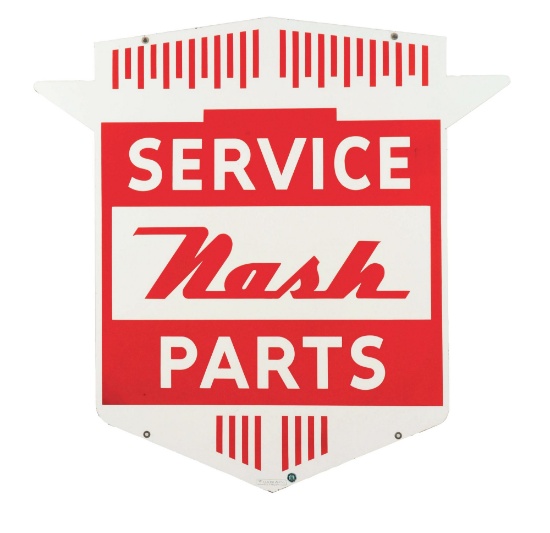 NASH AUTOMOBILES PARTS & SERVICE DIE CUT PORCELAIN SIGN.