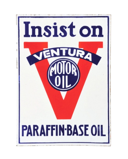 VERY RARE "INSIST ON" VENTURA MOTOR OIL PORCELAIN FLANGE SIGN W/ "V" GRAPHIC.