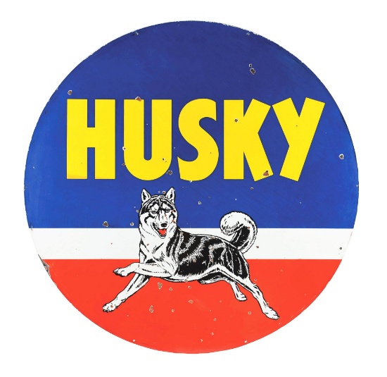 VERY RARE HUSKY GASOLINE "RED WHITE BLUE" PORCELAIN SERVICE STATION SIGN W/ HUSKY DOG GRAPHIC.