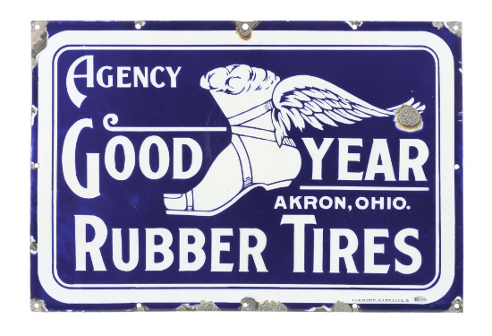 GOODYEAR RUBBER TIRES AGENCY PORCELAIN SIGN W/ EARLY WINGED FOOT GRAPHIC.