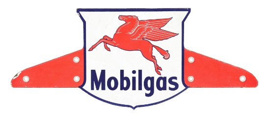 RARE MOBILGAS PORCELAIN DELIVERY TRUCK TOPPER SIGN W/ PEGASUS GRAPHIC.