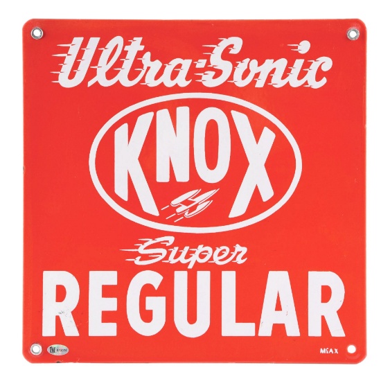 KNOX ULTRA SONIC SUPER REGULAR GASOLINE PORCELAIN PUMP PLATE SIGN.