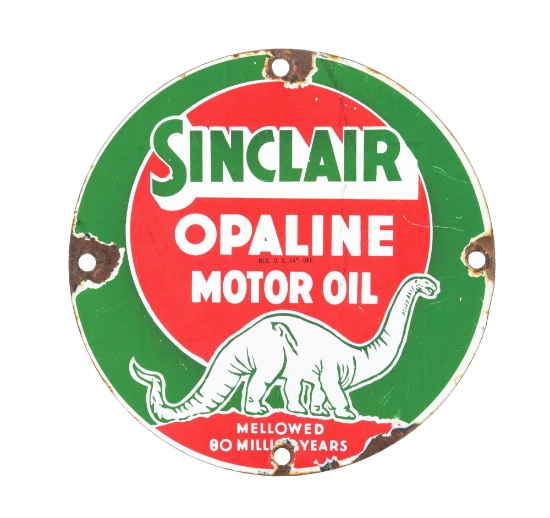 SINCLAIR OPALINE MOTOR OIL PORCELAIN SIGN W/ DINO GRAPHIC.
