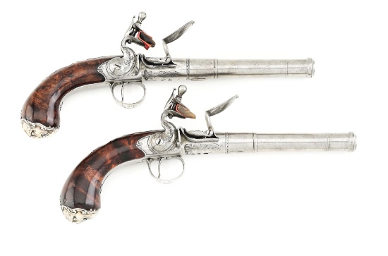 (A) FINE HIGH GRADE PAIR OF SILVER MOUNTED "QUEEN ANNE" PISTOLS BY RICHARD WILSON.