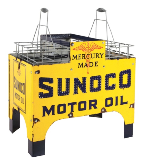 SUNOCO MOTOR OILS PORCELAIN LIGHT UP OIL BOTTLE SERVICE STATION DISPLAY RACK.