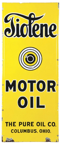 THE PURE OIL CO. TIOLENE MOTOR OIL SINGLE-SIDED PORCELAIN LIGHTHOUSE SIGN.