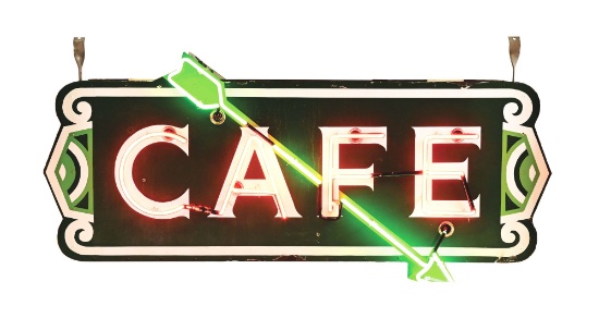 CAFE COMPLETE PORCELAIN NEON SIGN W/ FLASHING ARROW.