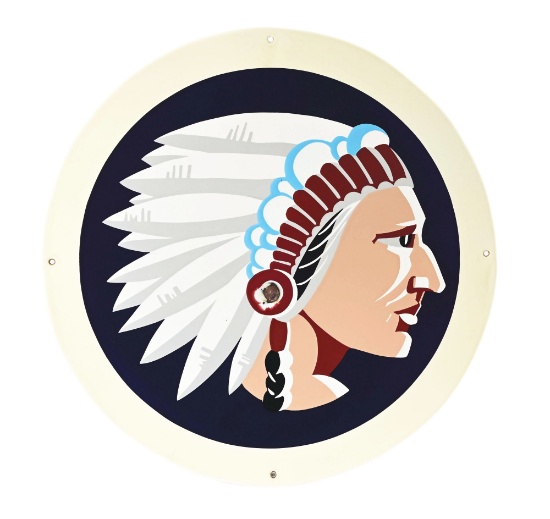 OUTSTANDING PORCELAIN SIGN W/ NATIVE AMERICAN GRAPHIC.