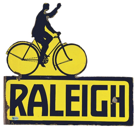 RALEIGH BICYCLE'S PORCELAIN FLANGE SIGN W/ BICYCLE GRAPHIC.