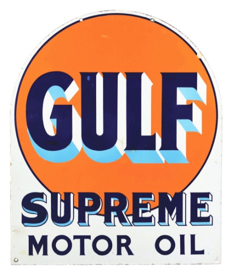 GULF SUPREME MOTOR OIL PORCELAIN SERVICE STATION TOMBSTONE SIGN.