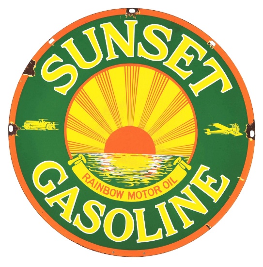 RARE & ICONIC SUNSET GASOLINE PORCELAIN SERVICE STATION SIGN W/ CAR & AIRPLANE GRAPHIC.