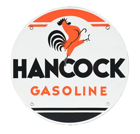 HANCOCK GASOLINE PORCELAIN SIGN W/ ROOSTER GRAPHIC.