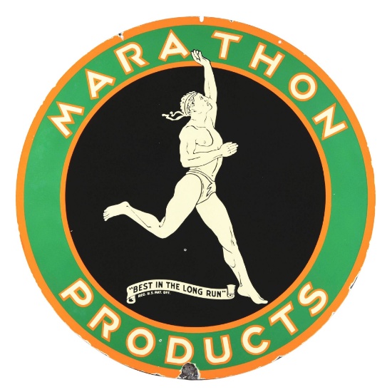 MARATHON PRODUCTS "BEST IN THE LONG RUN" PORCELAIN SERVICE STATION SIGN.