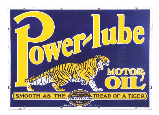 POWERLUBE MOTOR OILS PORCELAIN SERVICE STATION SIGN W/ TIGER GRAPHIC.