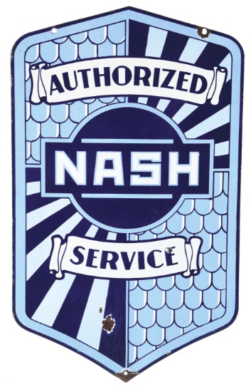 NASH AUTOMOBILES AUTHORIZED SERVICE PORCELAIN SHIELD SIGN.
