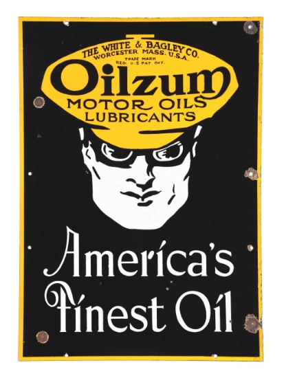 OILZUM "AMERICA'S FINEST OIL" PORCELAIN SIGN W/ OSWALD GRAPHIC.