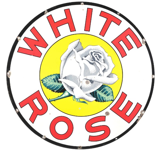 PORCELAIN WHITE ROSE GASOLINE SIGN W/ ROSE GRAPHIC.