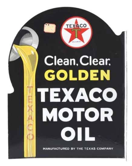 TEXACO "CLEAN, CLEAR, GOLD" MOTOR OIL PORCELAIN FLANGE SIGN W/ OIL SPILL GRAPHIC.
