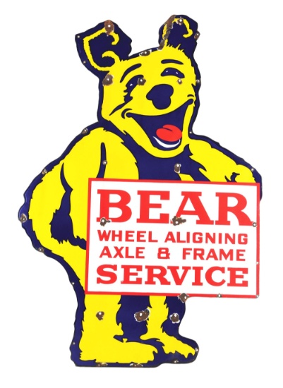 BEAR WHEEL ALIGNING AXLE & FRAME SERVICE PORCELAIN SIGN.