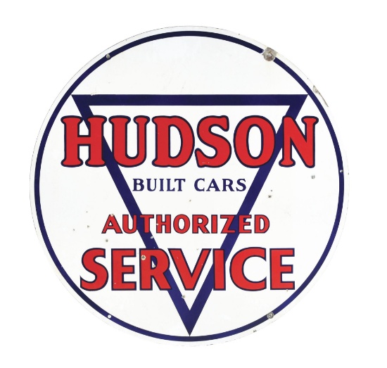 HUDSON BUILT CARS AUTHORIZED SERVICE PORCELAIN SIGN W/ VIVID COLORS & GOOD SHINE.