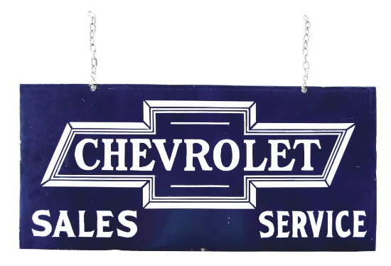 PORCELAIN CHEVROLET SALES AND SERVICE SIGN.
