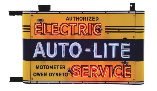 OUTSTANDING AUTO LITE ELECTRIC SERVICE PORCELAIN NEON SIGN W/ TWO BULLNOSE ATTACHMENTS.
