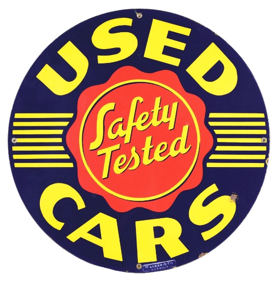 SAFETY TESTED USED CARS PORCELAIN DEALERSHIP SIGN.