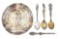 LOT OF 5: SILVER GOLD MINER'S PIECES, ASHTRAY, THREE SPOONS, LETTER OPENER.