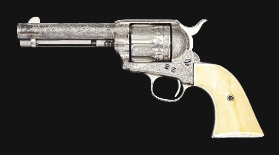 (A) SUPERB WESTERN SHIPPED COLT SINGLE ACTION ARMY WITH HELFRICHT ENGRAVING, CHECKERED IVORY GRIPS,