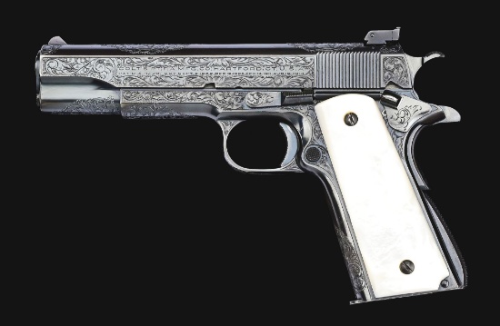 (C) OUTSTANDING FACTORY ENGRAVED COLT .38 SUPER MATCH SEMI-AUTOMATIC PISTOL WITH A FACTORY BOX, EX.