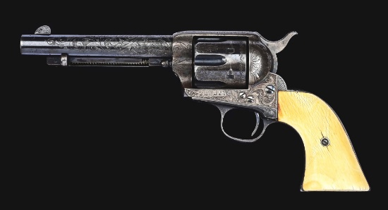 (A) AN EXCEPTIONAL FACTORY ENGRAVED BLACK POWDER FRAME COLT SINGLE ACTION ARMY WITH BLUED AND CASE H