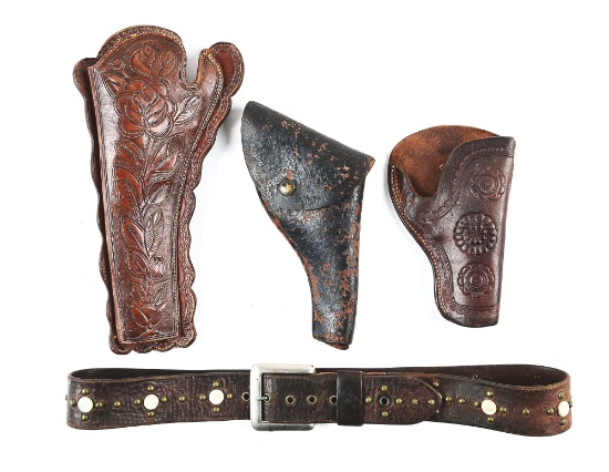 LOT OF 4: 3 HOLSTERS AND STUDDED WESTERN BELT.