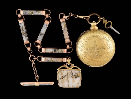 18K JOHN BEESLEY, LIVERPOOL H/C POCKET WATCH W/GOLD QUARTZ CHAIN & FOB.