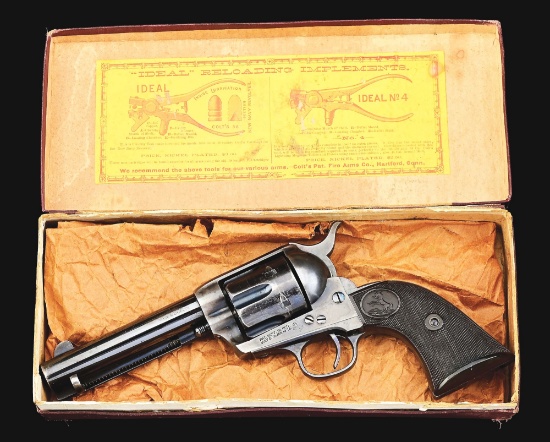 (A) VERY ATTRACTIVE COLT SINGLE ACTION ARMY .45 COLT REVOLVER WITH ORIGINAL PICTURE BOX & FACTORY LE