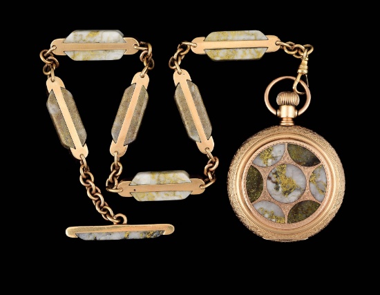 14K SHREVE & CO SAN FRANCISCO GOLD QUARTZ H/C POCKET WATCH & CHAIN.
