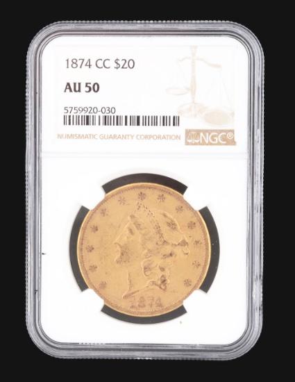 1874 CC $20 LIBERTY HEAD NGC AU50.