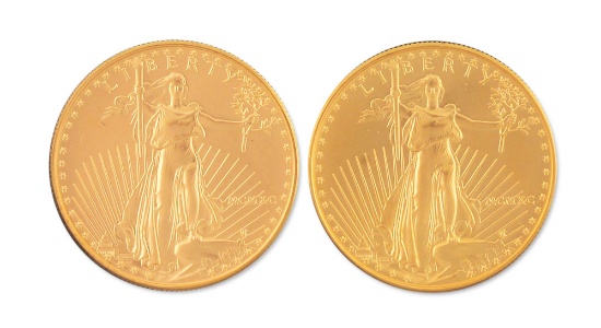 LOT OF 2: 1990 $20 ST. GAUDENS GOLD COINS BU+.