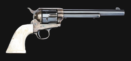 (A) EXCEPTIONAL COLT FRONTIER SIX SHOOTER SINGLE ACTION REVOLVER WITH CARVED MOTHER OF PEARL GRIPS (