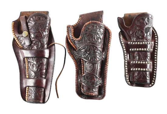 LOT OF 3: TOOLED ANTIQUE HEISER COWBOY HOLSTERS.
