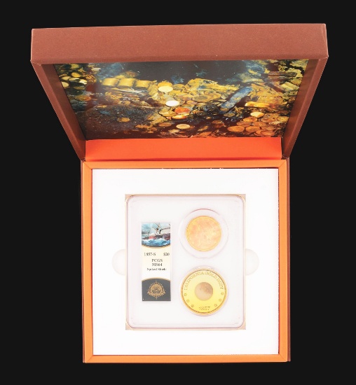1857S $20 LIBERTY GOLD PCGS MS64 GOLD COIN SS CENTRAL AMERICA WITH BOOK.
