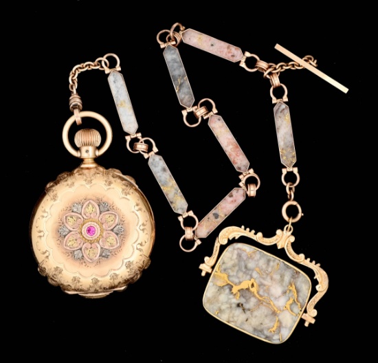 14K SETH THOMAS H/C POCKET WATCH W/GOLD QUARTZ CHAIN & FOB.