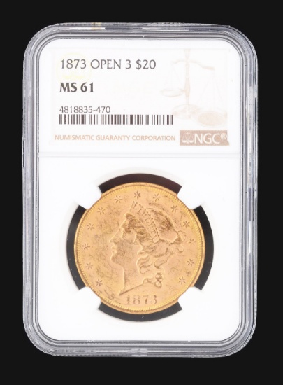 1873 OPEN 3 $20 LIBERTY HEAD NGC MS61.