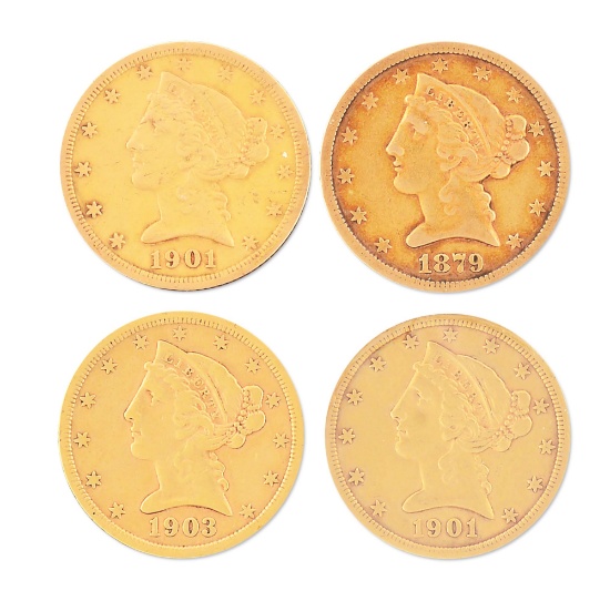 LOT OF 4: $5 GOLD LIBERTY HEAD 1901S, 1879S, 1901S, AND 1903S.