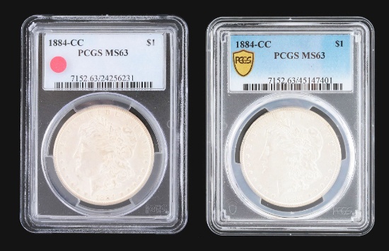 LOT OF 2: 1884 CC PCGS MS 63 MORGAN DOLLARS.
